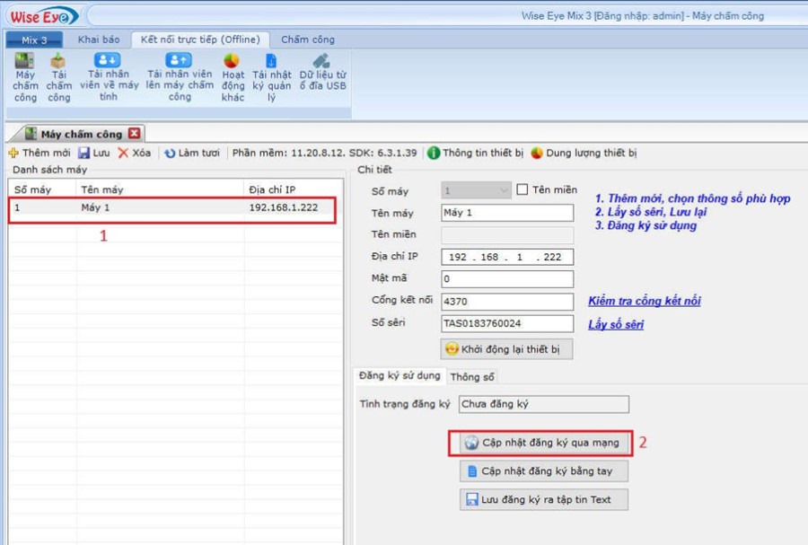 Hướng dẫn đăng ký và kết nối máy chấm công offline phần mềm wise eye mix 3