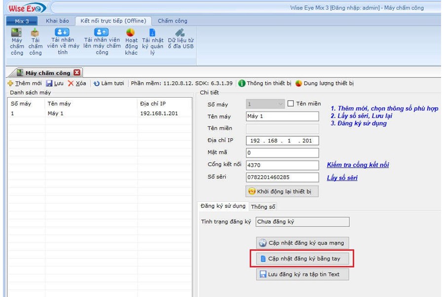 Hướng dẫn đăng ký và kết nối máy chấm công offline phần mềm wise eye mix 3