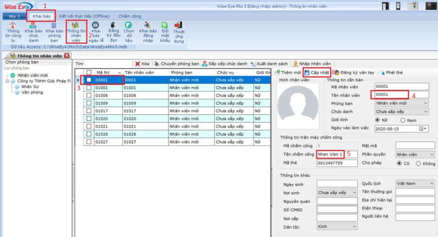 Phần mềm Wise Eye Mix 3 - Hướng dẫn khai báo thông tin nhân viên