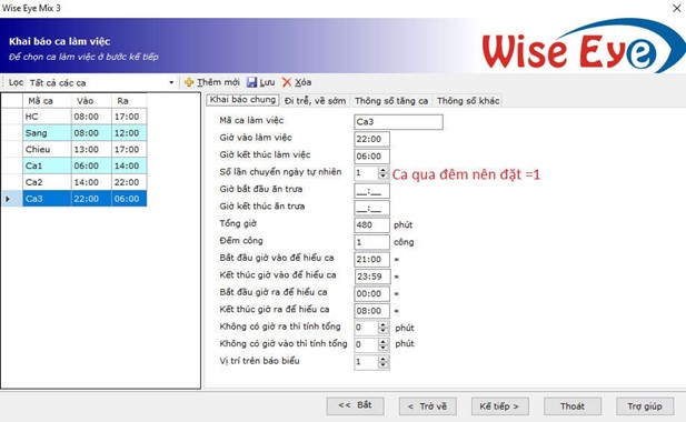 Khai báo ca và sắp xếp lịch trình làm việc cho nhân viên - Phần mềm Wise Eye Mix 3