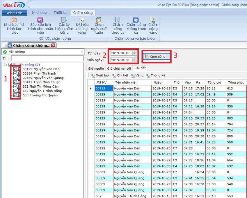 Xem công và xuất báo biểu ra excel  - phần mềm wise eye mix 3