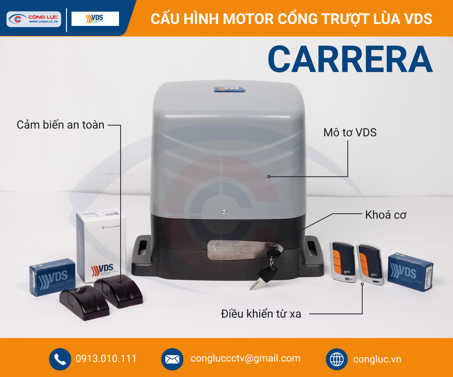 Cấu hình bộ mô tơ cổng trượt lùa VDS Carrera chính hãng