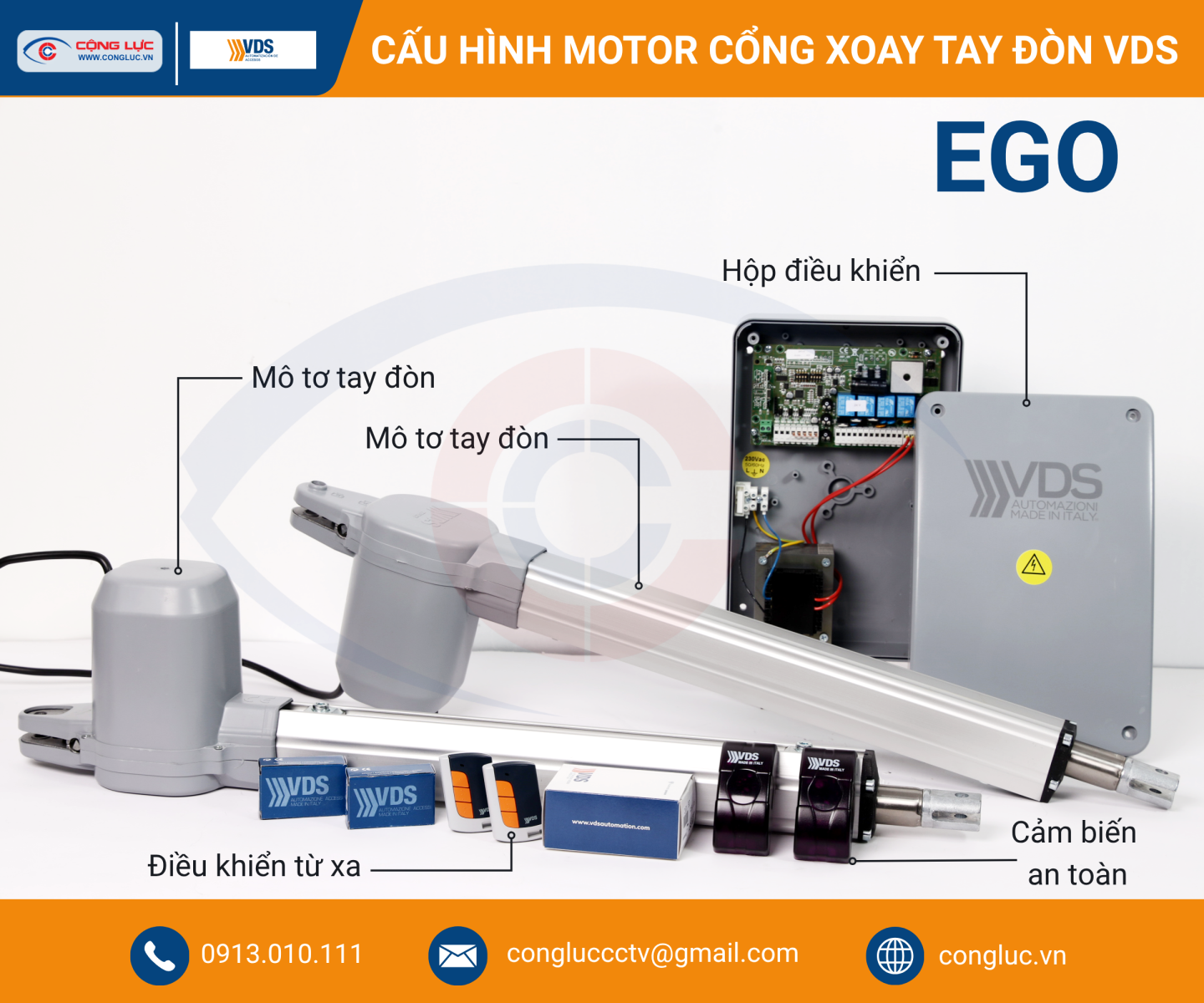 Cấu hình bộ mô tơ cổng xoay tay đòn VDS EGO chính hãng