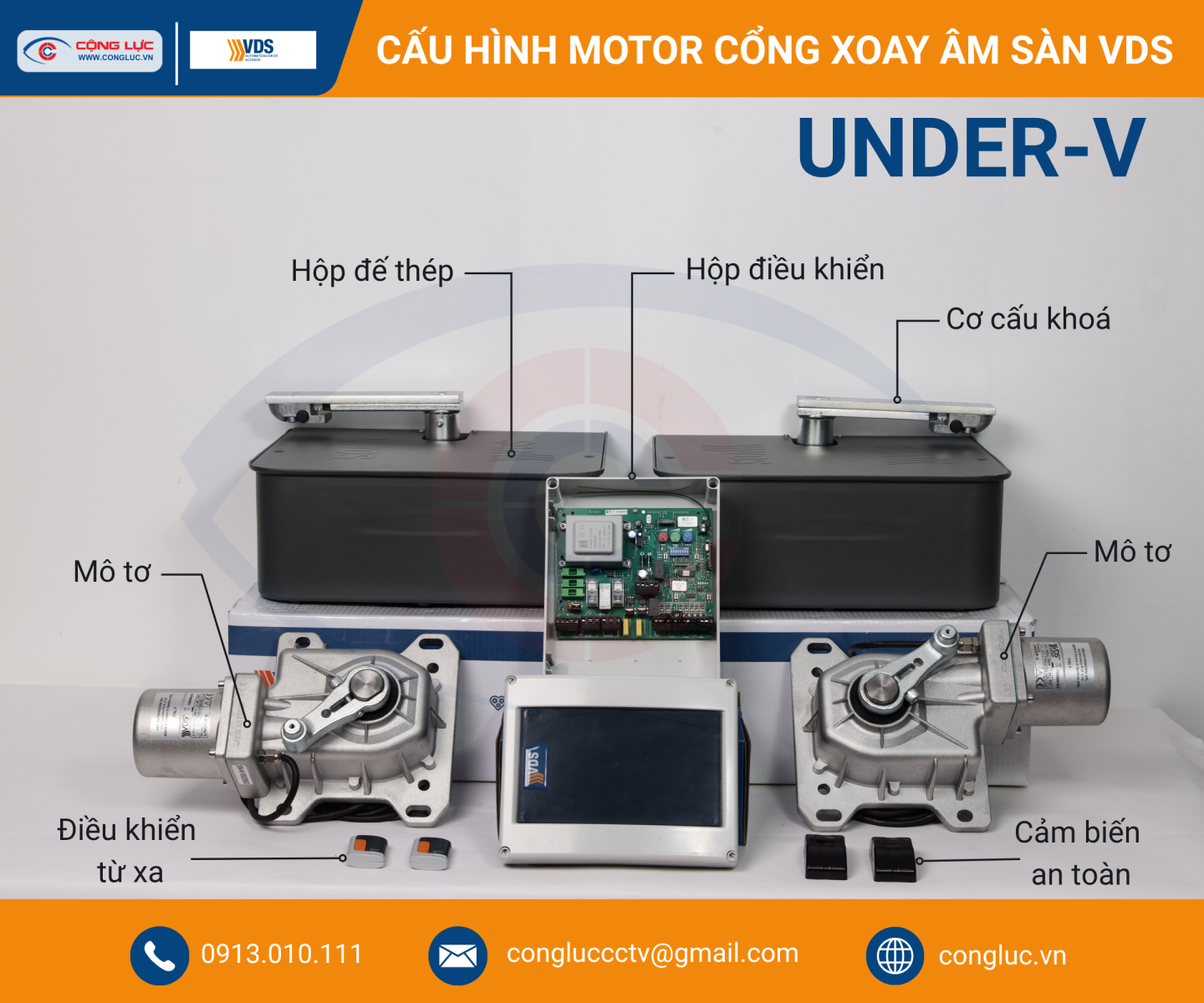 Cấu hình bộ mô tơ cổng âm sàn VDS Under V 230V chính hãng