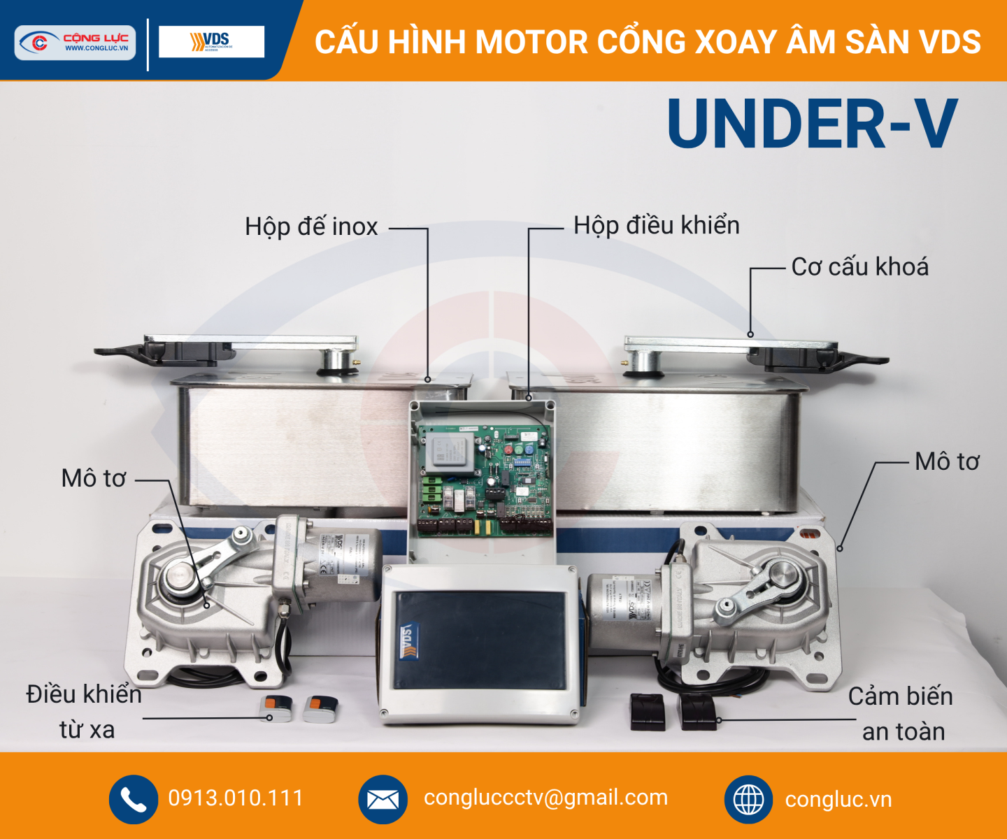 Cấu hình bộ mô tơ cổng âm sàn VDS Under V hộp đế inox 230V chính hãng