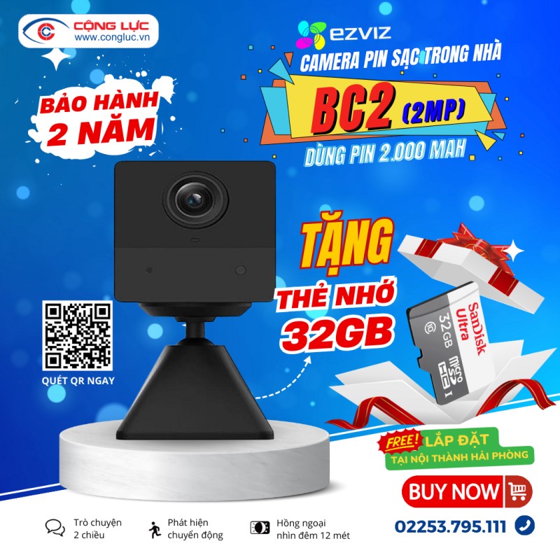 Bán camera wifi không dây chạy bằng Pin Ezviz BC2 giá rẻ tại Hải Phòng