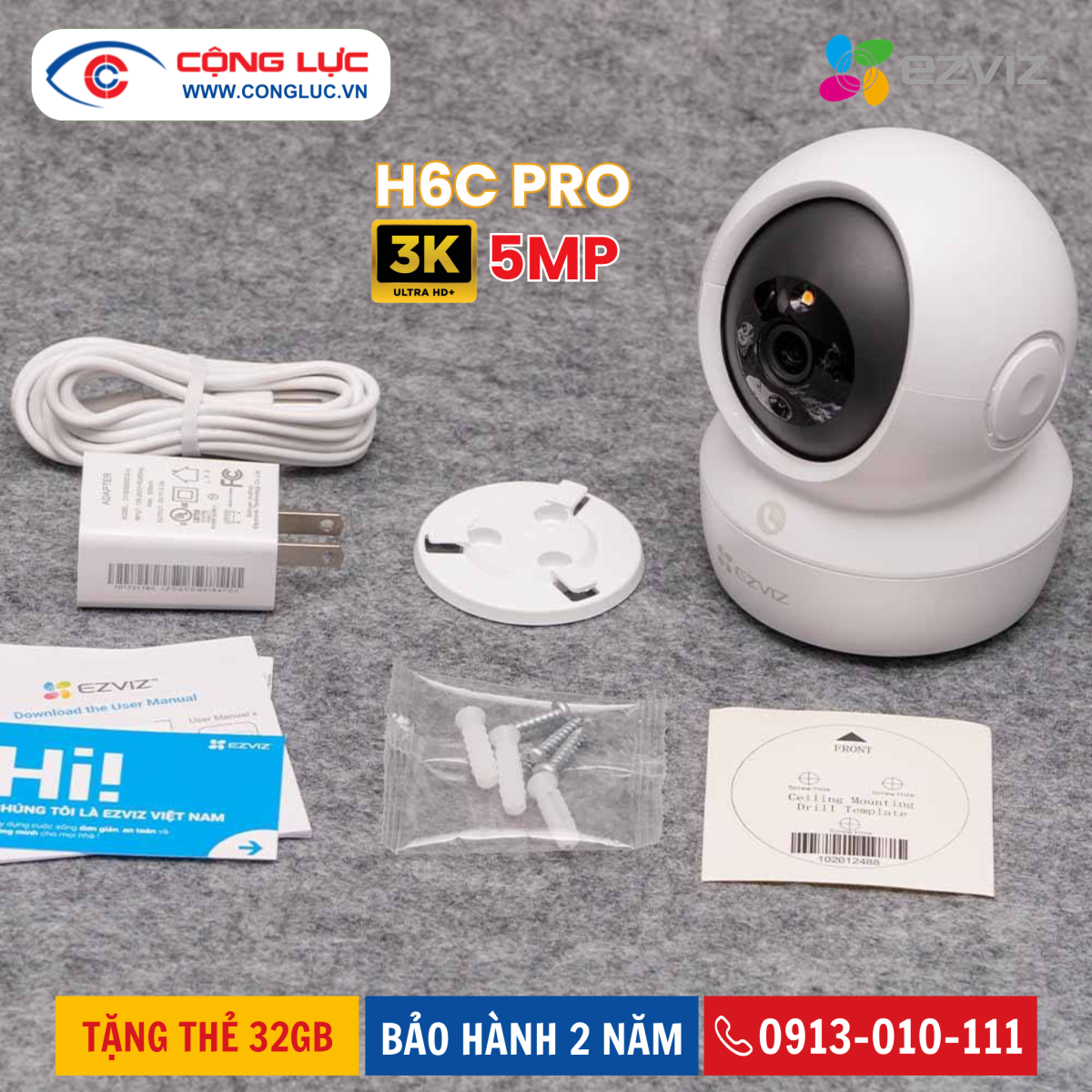 Trọn bộ sản phẩm camera wifi Ezviz H6C Pro 3K 5MP chính hãng