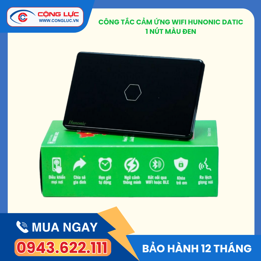 Công tắc cảm ứng wifi Hunonic datic 1 nút màu đen