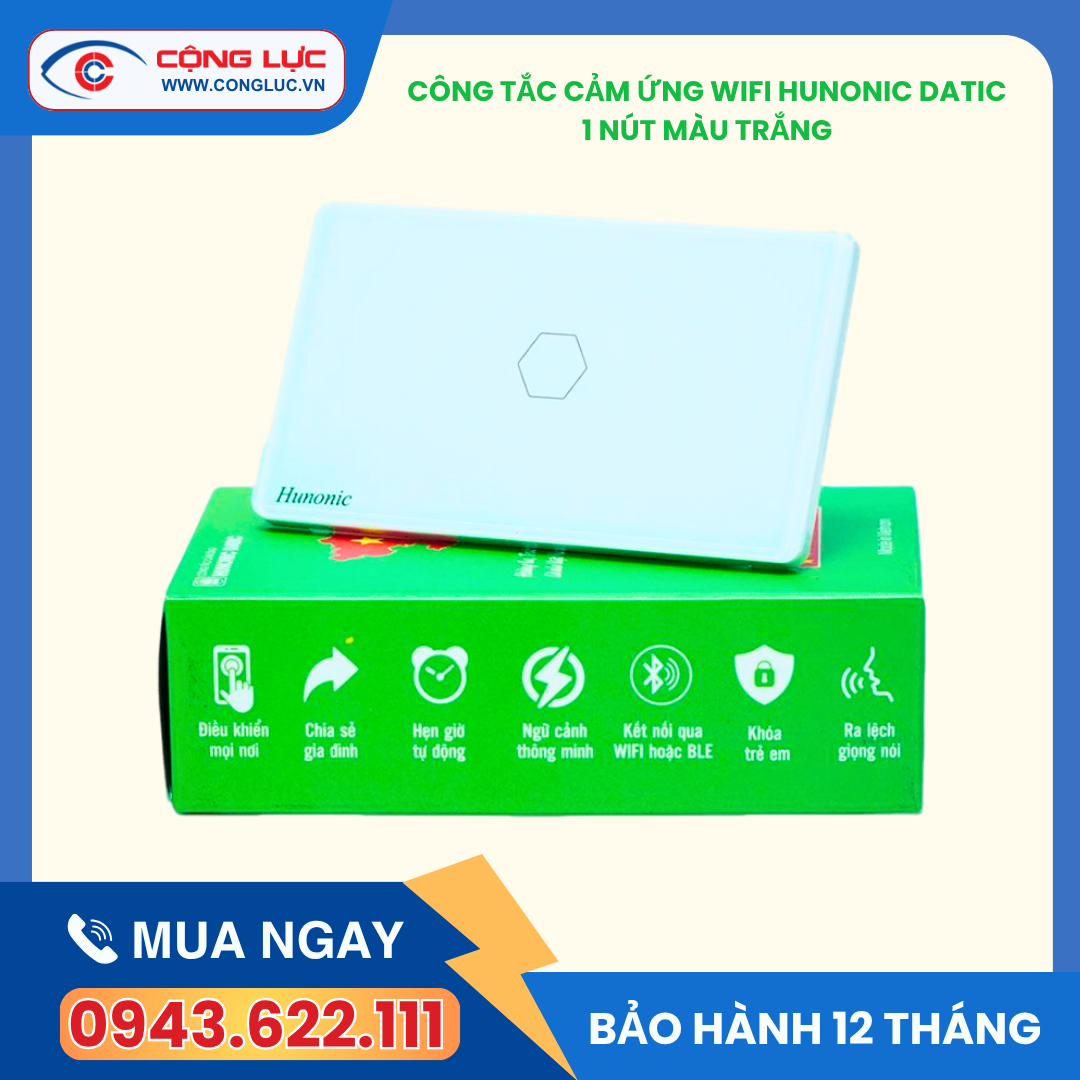 Công tắc cảm ứng wifi 1 nút hunonic datic màu trắng