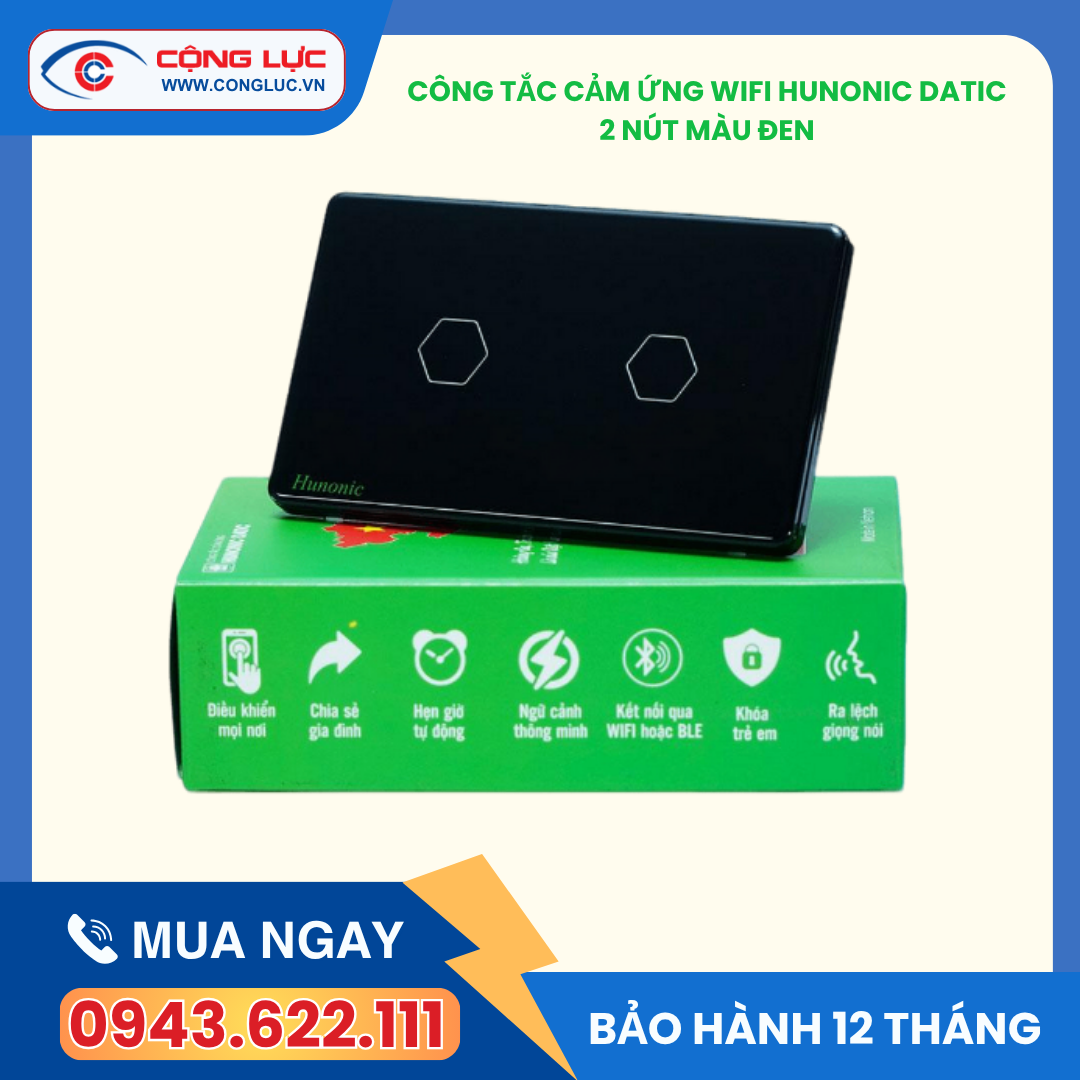 Công tắc cảm ứng wifi 2 nút hunonic datic màu đen