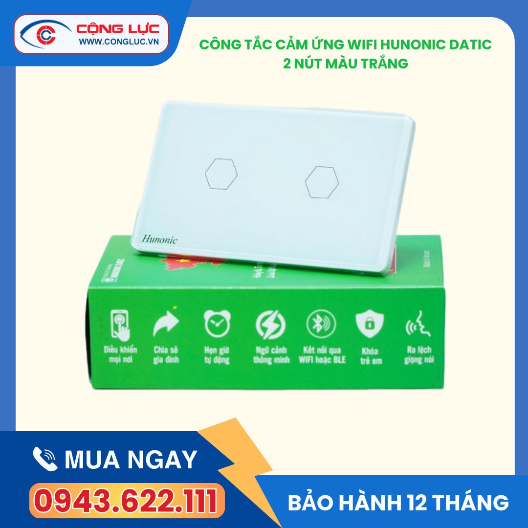 Công tắc cảm ứng wifi 2 nút hunonic datic màu trắng