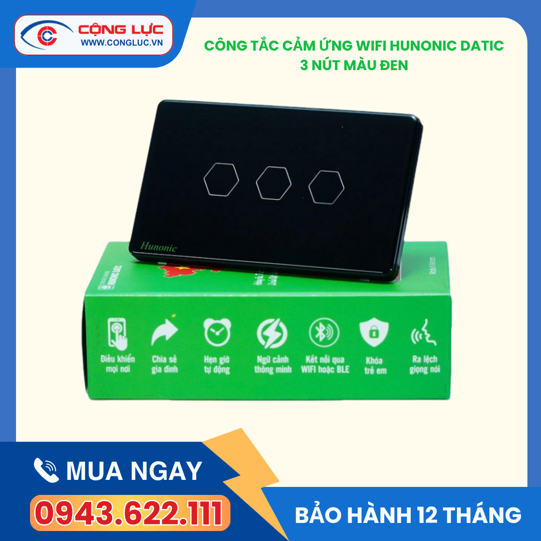 Công tắc cảm ứng wifi 3 nút hunonic datic màu đen