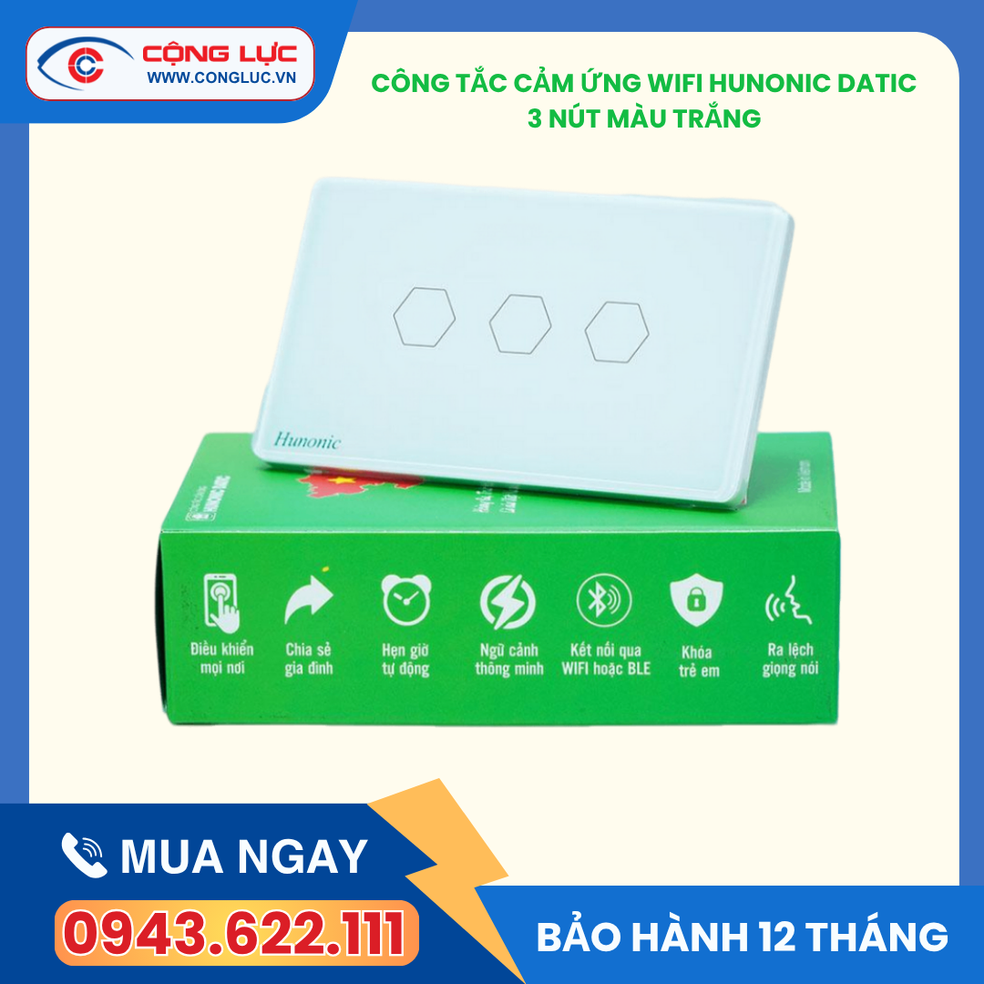 Công tắc cảm ứng wifi 3 nút hunonic datic màu trắng