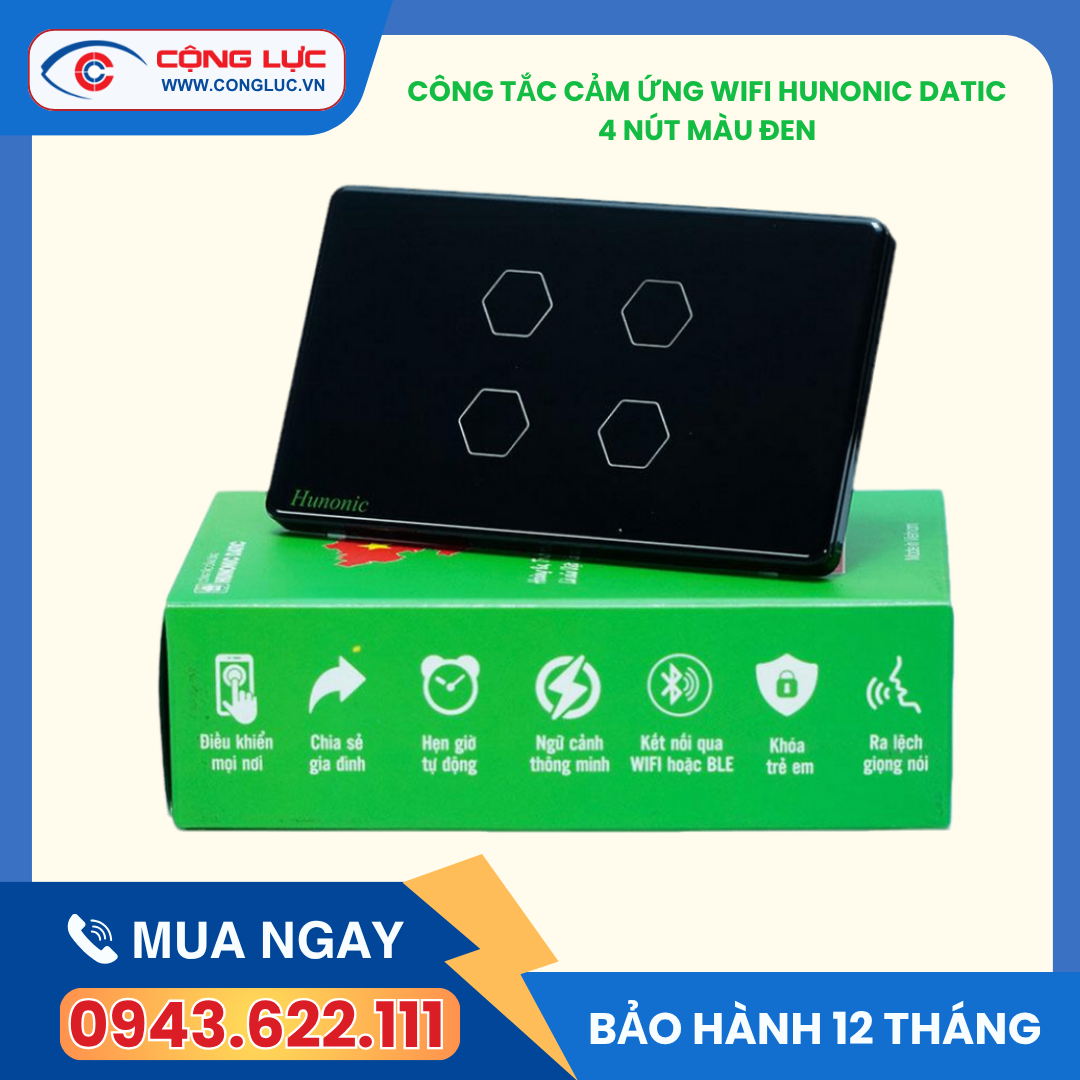 Công tắc cảm ứng wifi 4 nút hunonic datic màu đen