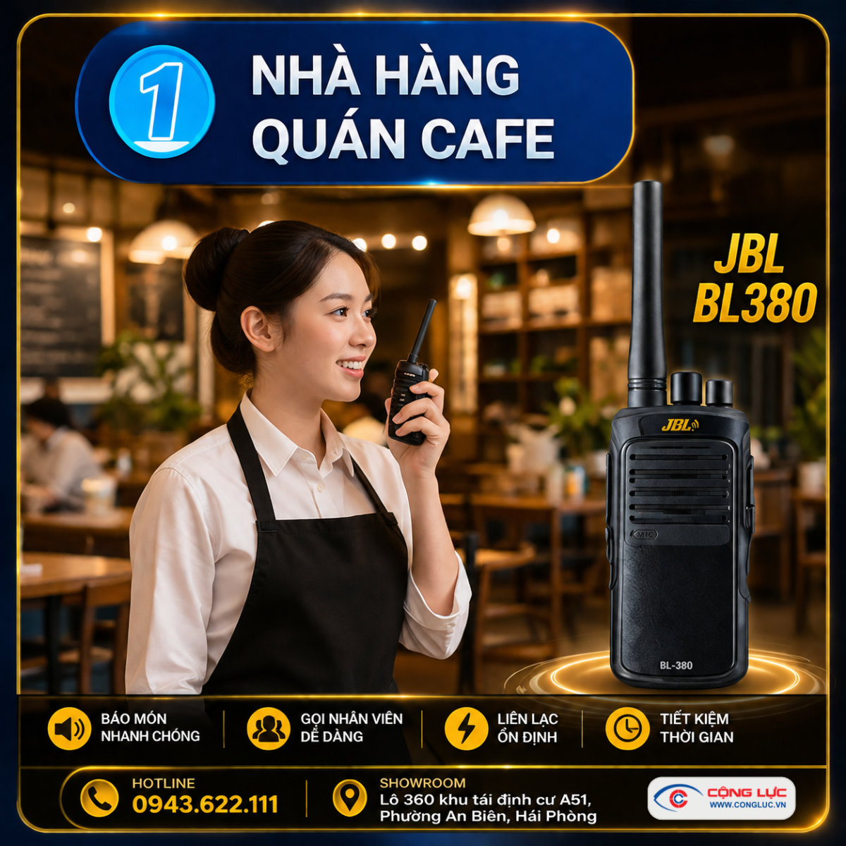 Máy bộ đàm JBL BL380 chuyên dụng cho nhà hàng quán cà phê