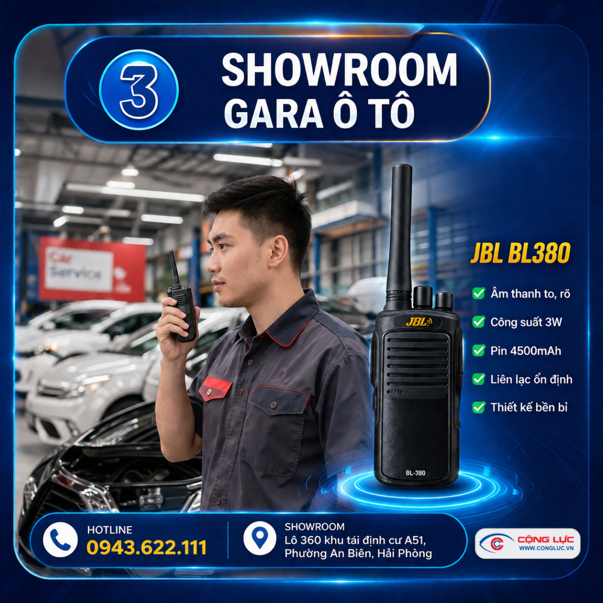 Cộng Lực bán bộ đàm JBL BL380 giá rẻ cho Showroom, gara ô tô