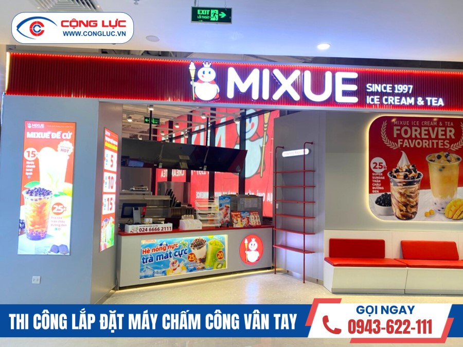 lắp đặt máy chấm công vân tay cho cửa hàng Mixue ở hoàng huy commerce hải phòng