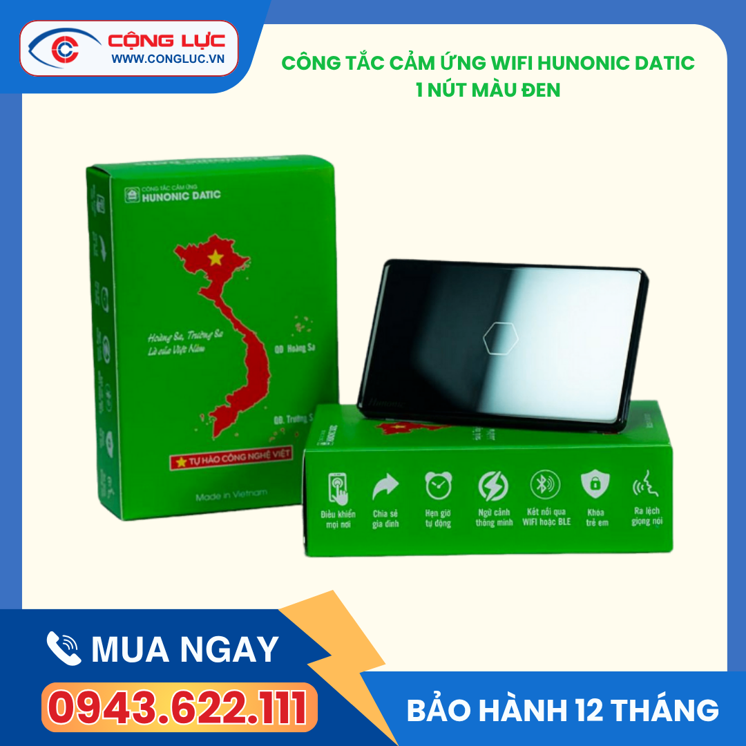 Công Tắc Cảm Ứng 1 Nút Wifi Hunonic Datic Màu Đen