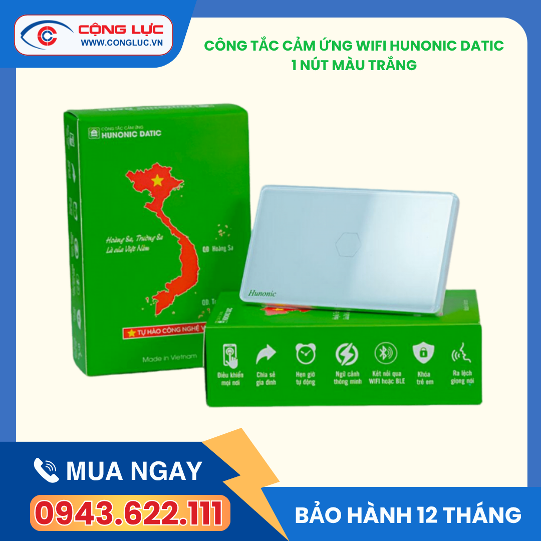 Công Tắc Cảm Ứng 1 Nút Wifi Hunonic Datic Màu Trắng