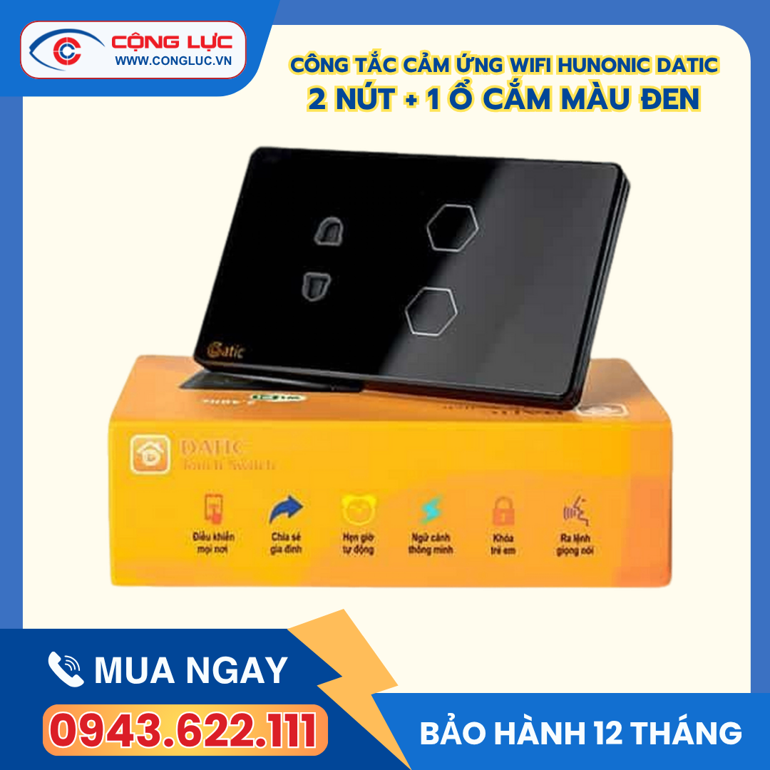Công Tắc Cảm Ứng Datic – 2 Nút Kèm Ổ Cắm Màu Đen
