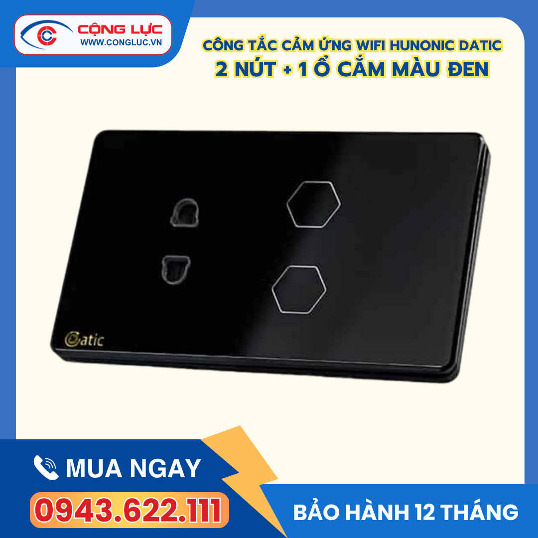 Công Tắc Cảm Ứng Datic – 2 Nút Kèm Ổ Cắm Màu Đen
