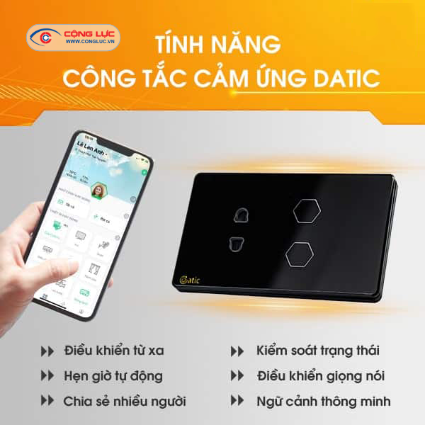 Công Tắc Cảm Ứng Datic – 2 Nút Kèm Ổ Cắm Màu Đen