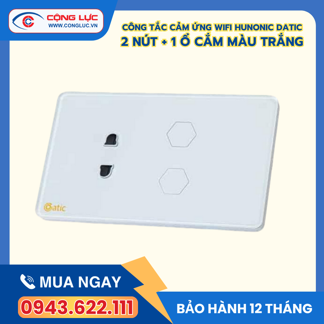 Công Tắc Cảm Ứng Datic – 2 Nút Kèm Ổ Cắm Màu Trắng