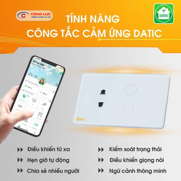 Công Tắc Cảm Ứng Datic – 2 Nút Kèm Ổ Cắm Màu Trắng
