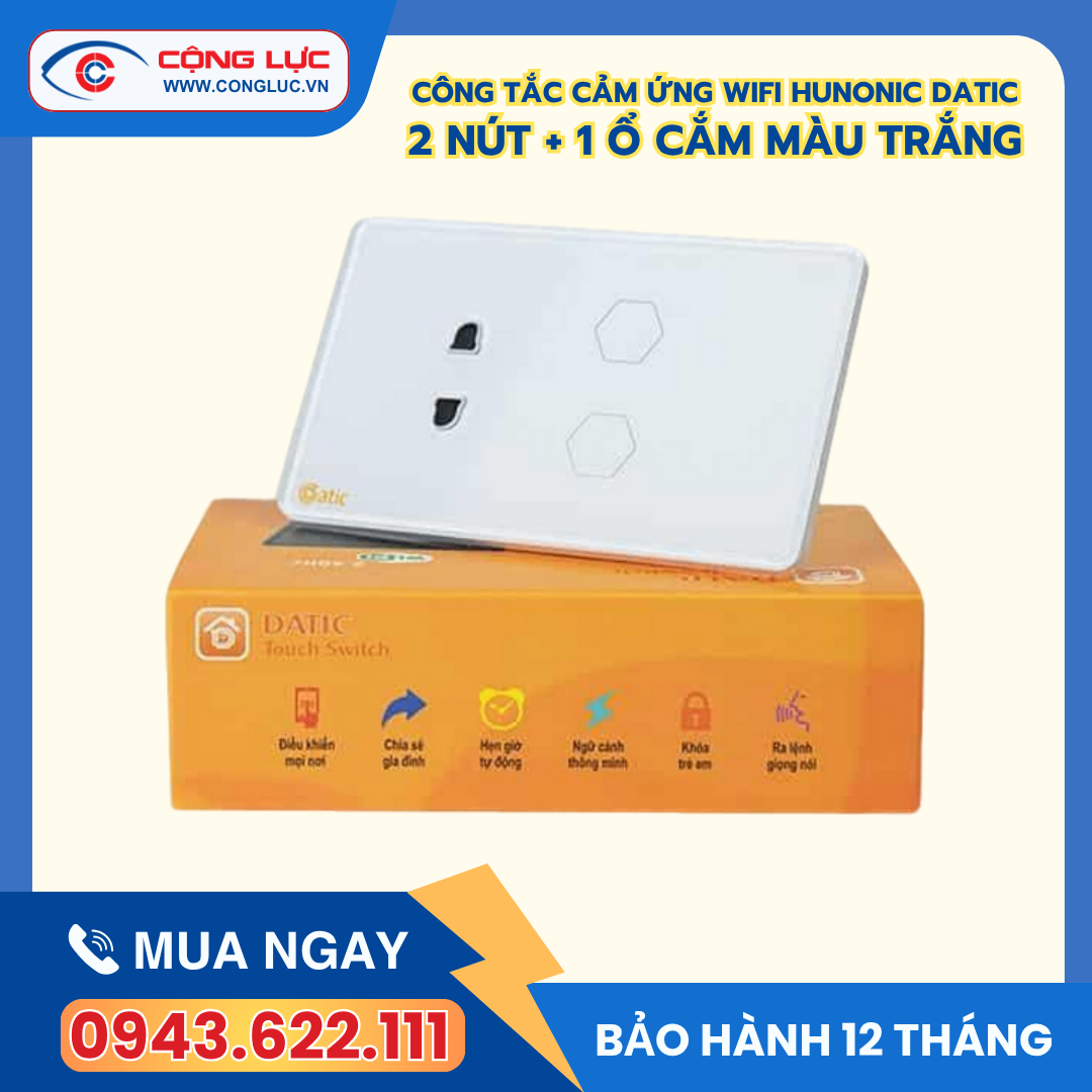 Công Tắc Cảm Ứng Datic – 2 Nút Kèm Ổ Cắm Màu Trắng