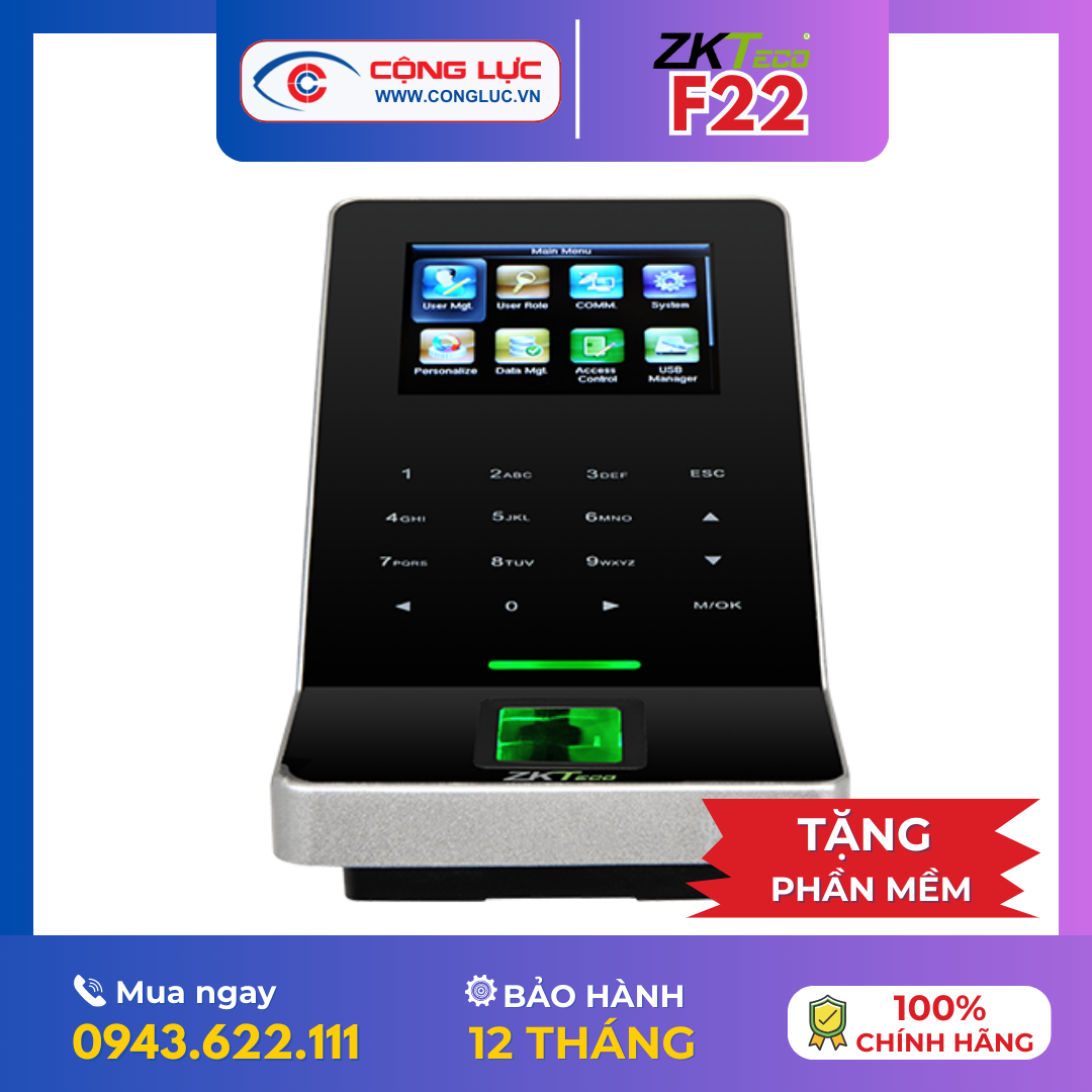 Máy Chấm Công Vân Tay Và Thẻ Từ ZKteco F22 