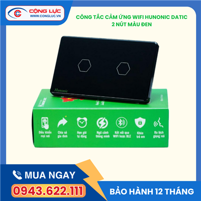 Công Tắc Cảm Ứng 2 Nút Wifi Hunonic Datic Màu Đen