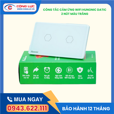 Công Tắc Cảm Ứng 2 Nút Wifi Hunonic Datic Màu Trắng