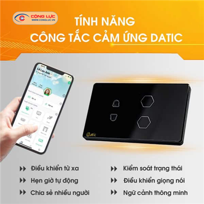 Công Tắc Cảm Ứng Datic – 2 Nút Kèm Ổ Cắm Màu Đen