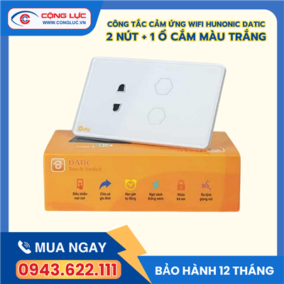 Công Tắc Cảm Ứng Datic – 2 Nút Kèm Ổ Cắm Màu Trắng