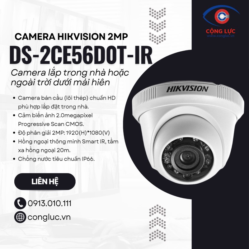 Bán camera HDTVI Hikvision DS-2CE56D0T-IR 2mp chính hãng giá rẻ nhất Hải Phòng