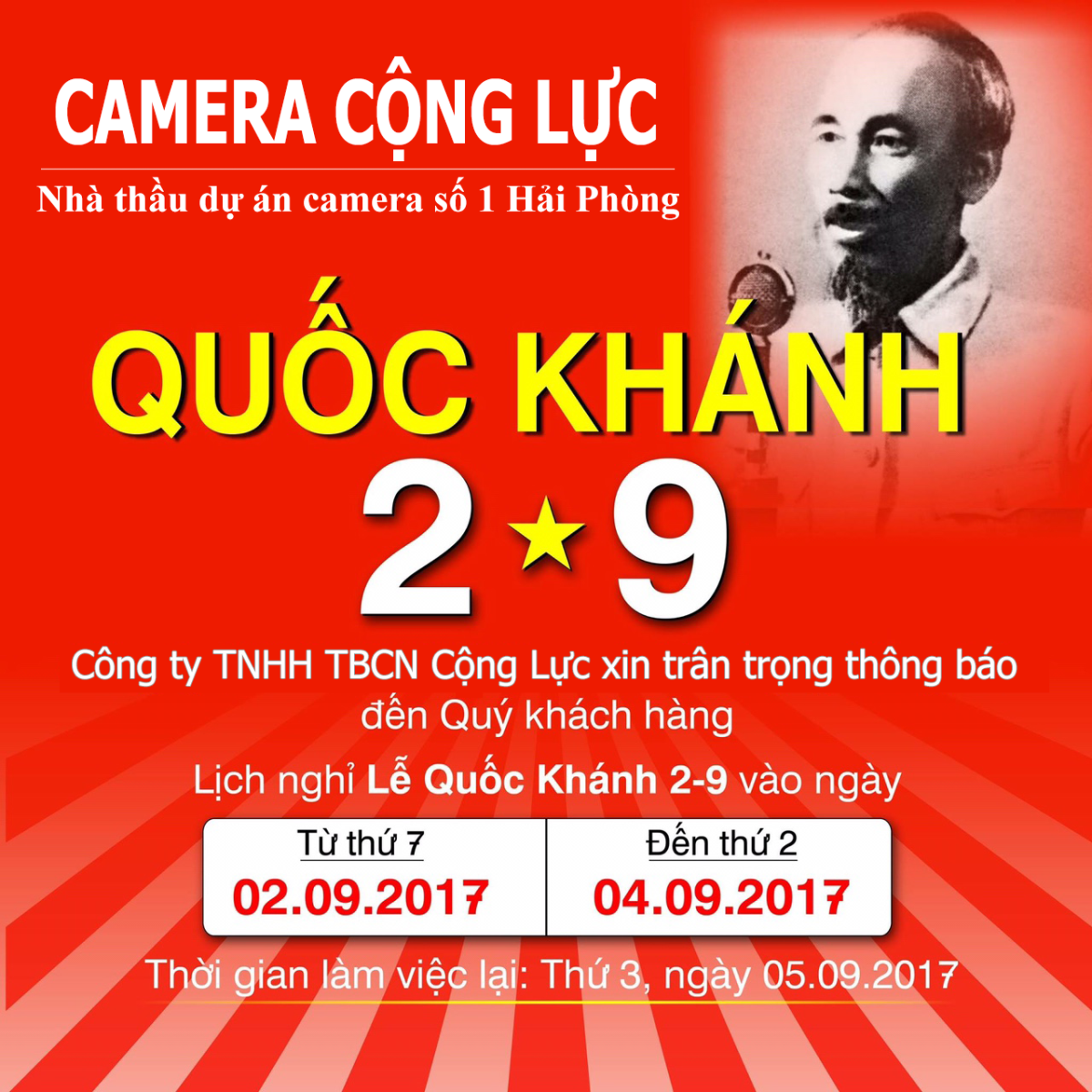 camera cộng lực thông báo lịch nghỉ lễ quốc khánh 02/09